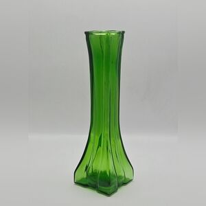 Vintage Eureka Green Glass Bud Vase – Ribbed Hexagon Base – Made in Canada